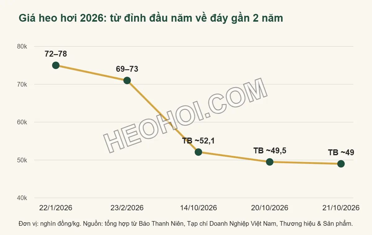 Biểu đồ giá heo hơi 2026 giảm từ 72.000–78.000 đồng/kg đầu năm xuống khoảng 49.000 đồng/kg tháng 10