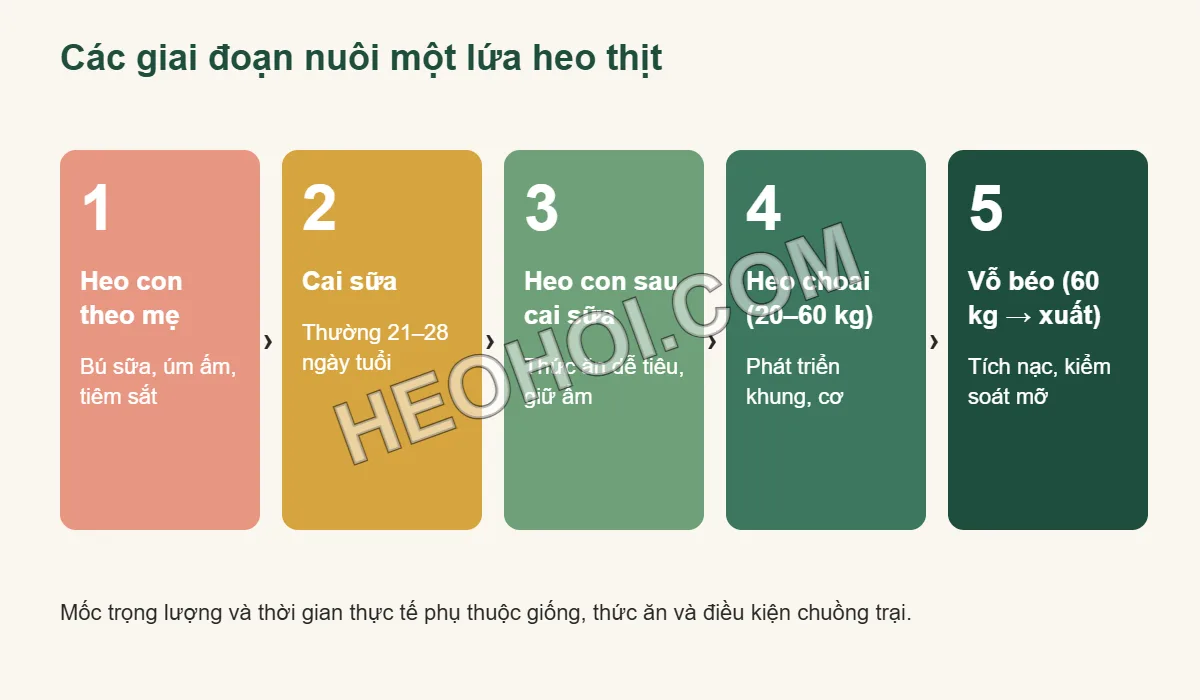 Sơ đồ 5 giai đoạn nuôi một lứa heo thịt từ heo con theo mẹ đến vỗ béo xuất chuồng