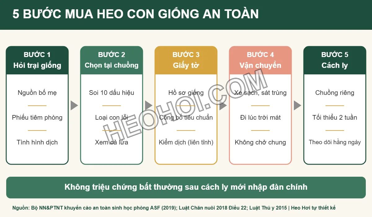 Sơ đồ 5 bước mua heo con giống an toàn: hỏi trại, chọn tại chuồng, giấy tờ, vận chuyển, cách ly tối thiểu 2 tuần