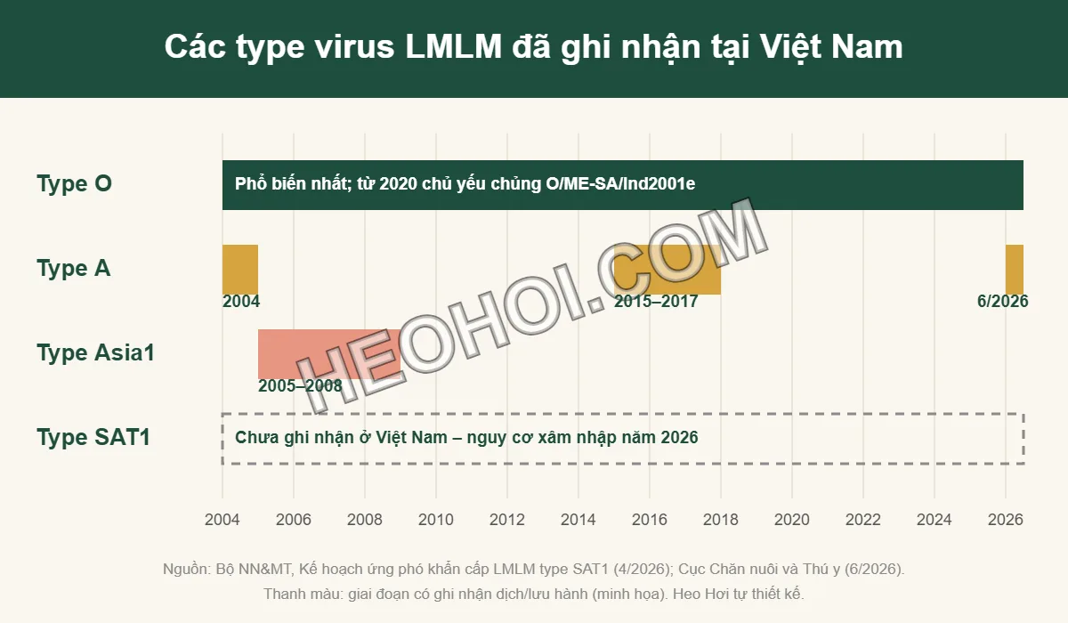 Biểu đồ các type virus lở mồm long móng O, A, Asia1 đã ghi nhận tại Việt Nam và nguy cơ SAT1