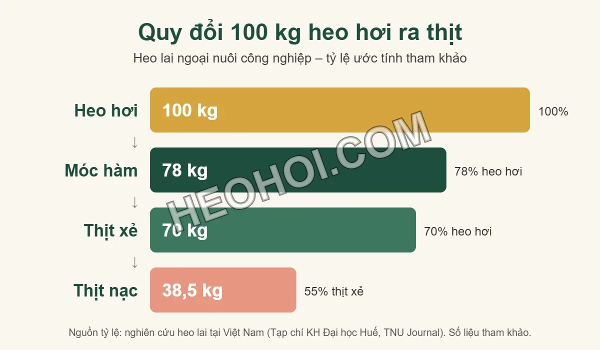 Sơ đồ quy đổi 100 kg heo hơi ra 78 kg móc hàm, 70 kg thịt xẻ và khoảng 38,5 kg thịt nạc