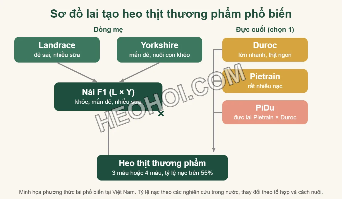 Sơ đồ lai tạo heo thịt thương phẩm: nái F1 Landrace × Yorkshire phối với đực cuối Duroc, Pietrain hoặc PiDu